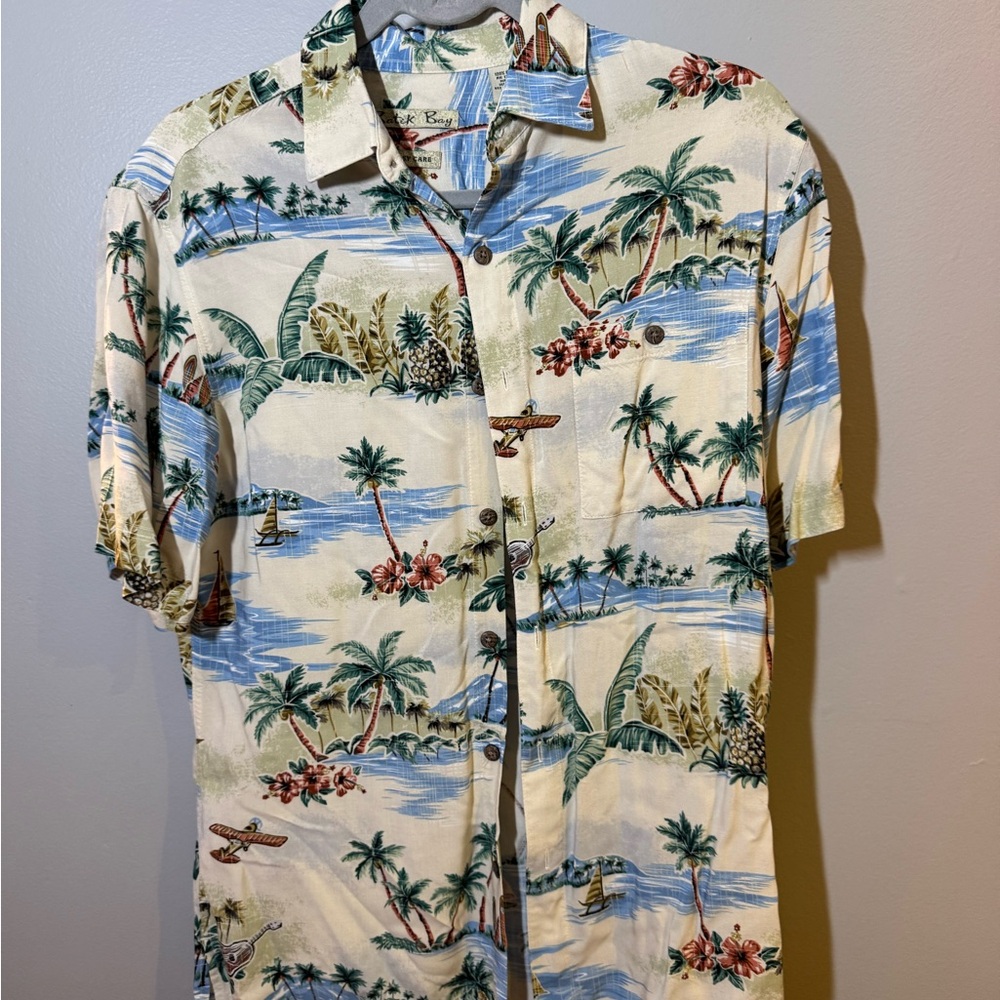 Hawaiian Batik Bay Cream and Blue Tropical Button Down Shirt